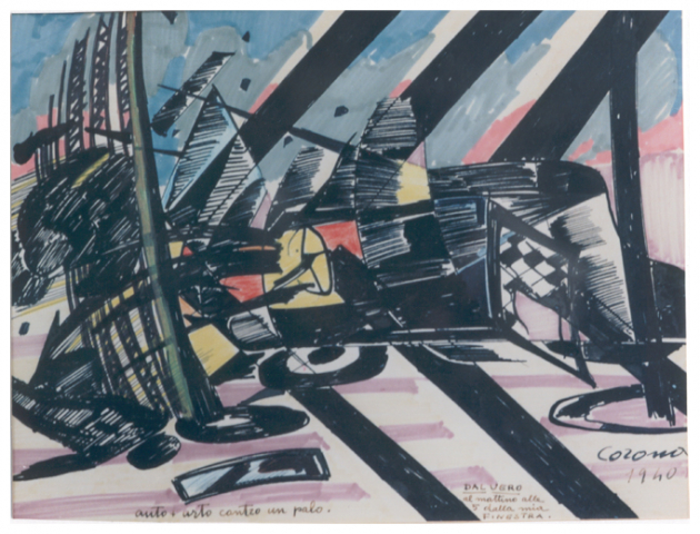 Auto + urto contro un palo, tempera, 1940, collezione privata