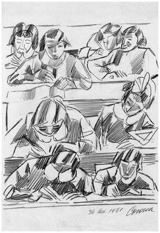 In classe, 1, matita su carta, 1951, collezione privata