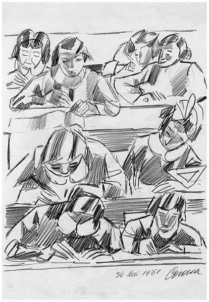 In classe, 1, matita su carta, 1951, collezione privata