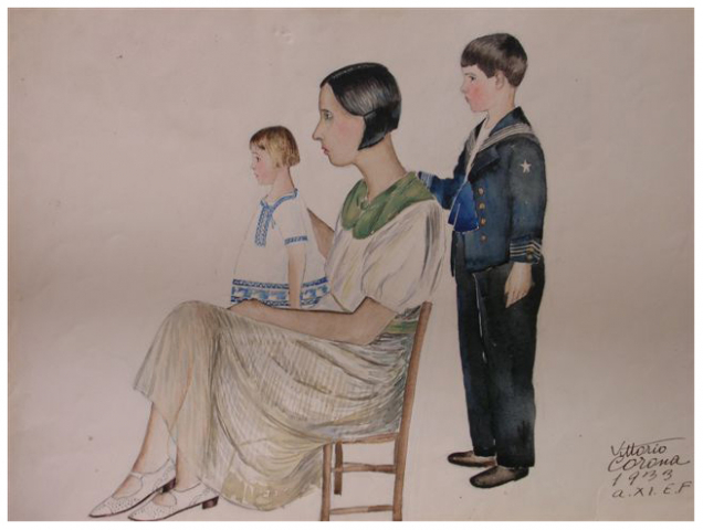 Mamma e figli in posa, acquerello, 1933, collezione privata