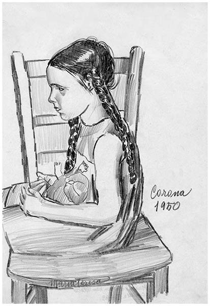 Maria Teresa con bambolotto, matita su carta, 1950, collezione privata
