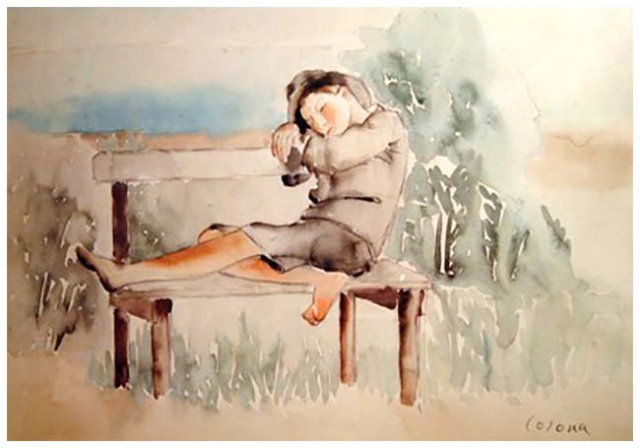 Ragazzo che dorme sulla panchina, acquerello, 1937, collezione privata